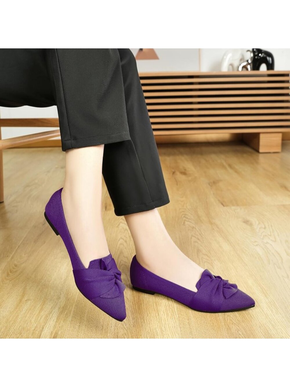 Women's Purple Pointed Toe Ballet With Bow Comfortable Knit Dressy Flats Shoes - Picture 6 of 7
